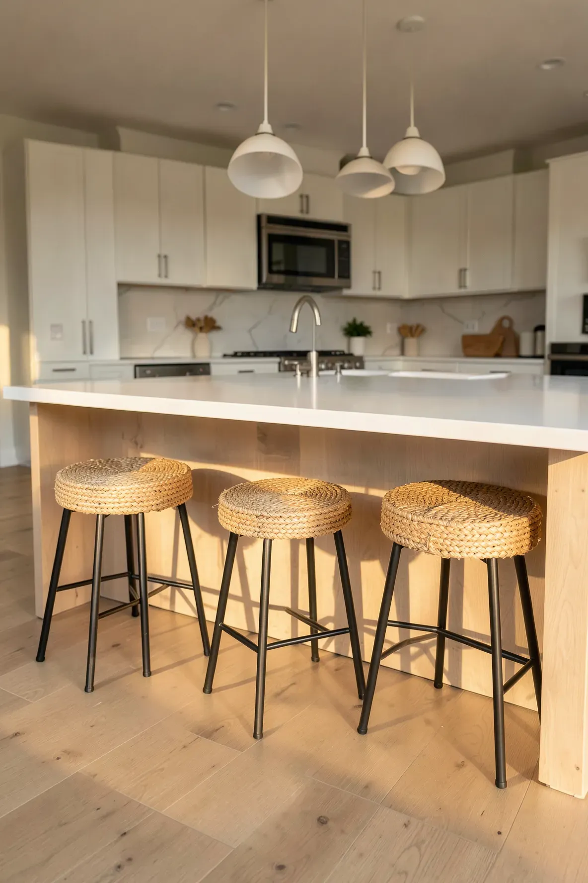 Three woven seagrass bar stools with black legs at a white kitchen island in a beach house.
