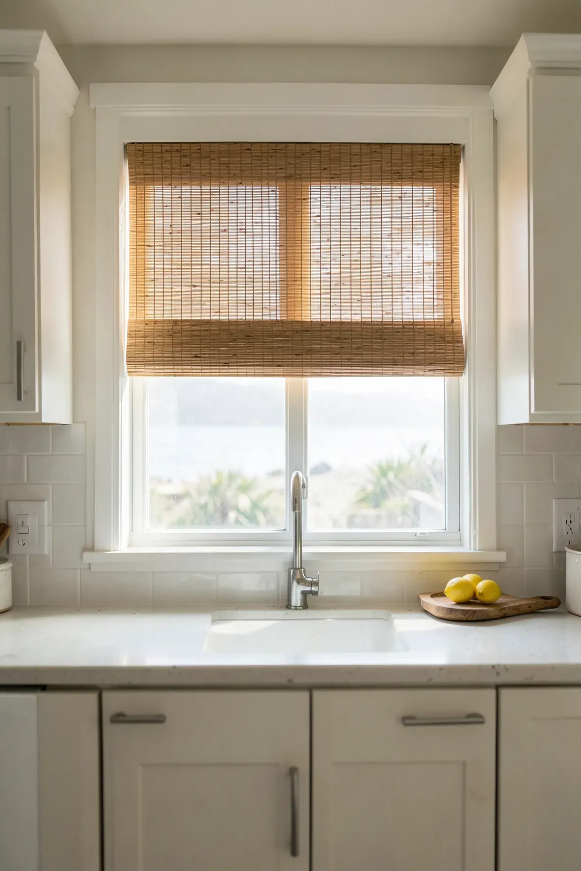 Natural bamboo shades on a kitchen window filtering soft sunlight in a coastal home.