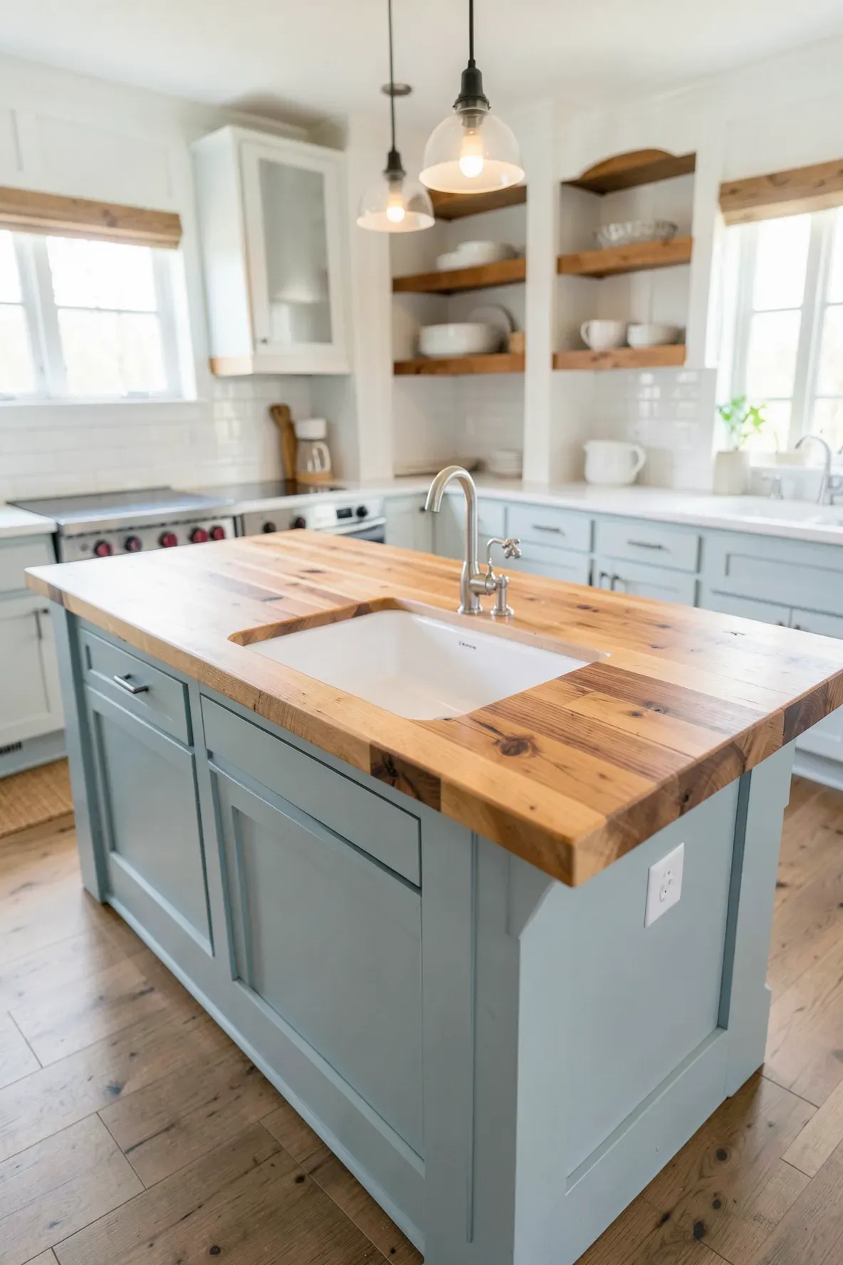 A kitchen island with a thick wood butcher block top and a white farmhouse sink.
