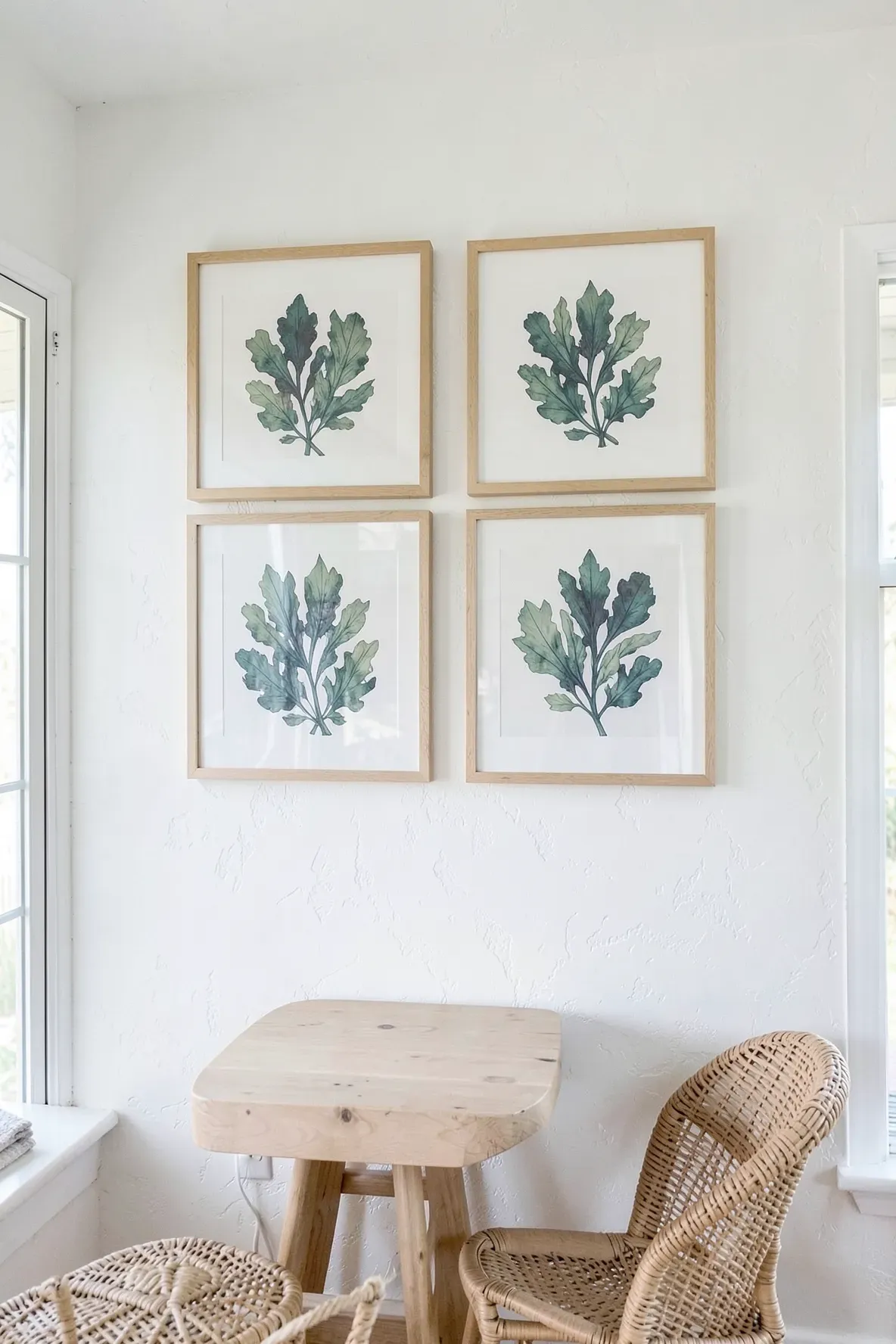 Four framed botanical seaweed prints on a white wall in a coastal kitchen dining area.