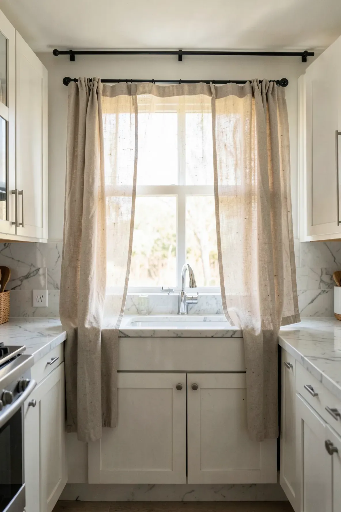 Neutral oatmeal linen cafe curtains on a kitchen window with natural light shining through.
