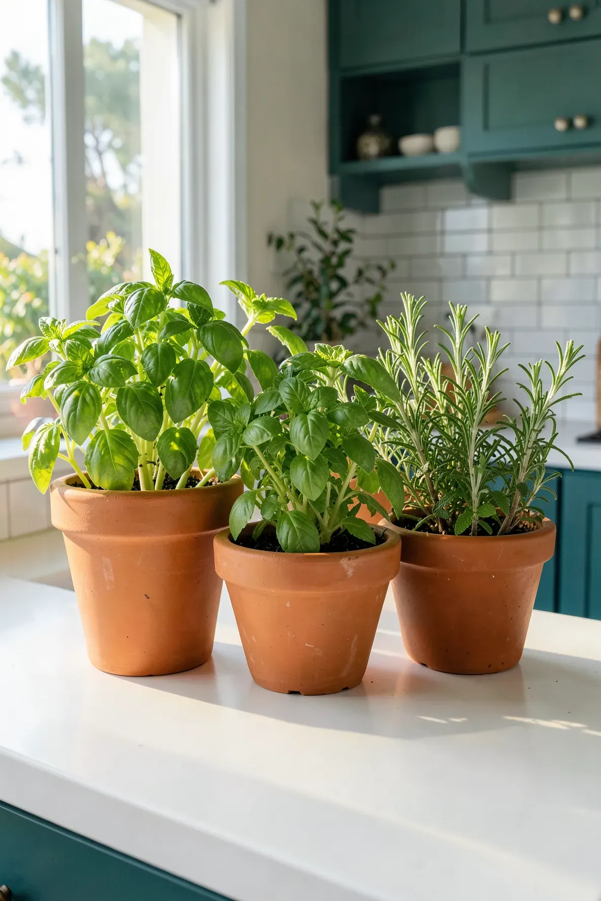 Three terracotta pots with fresh green herbs on a white countertop in a coastal kitchen.