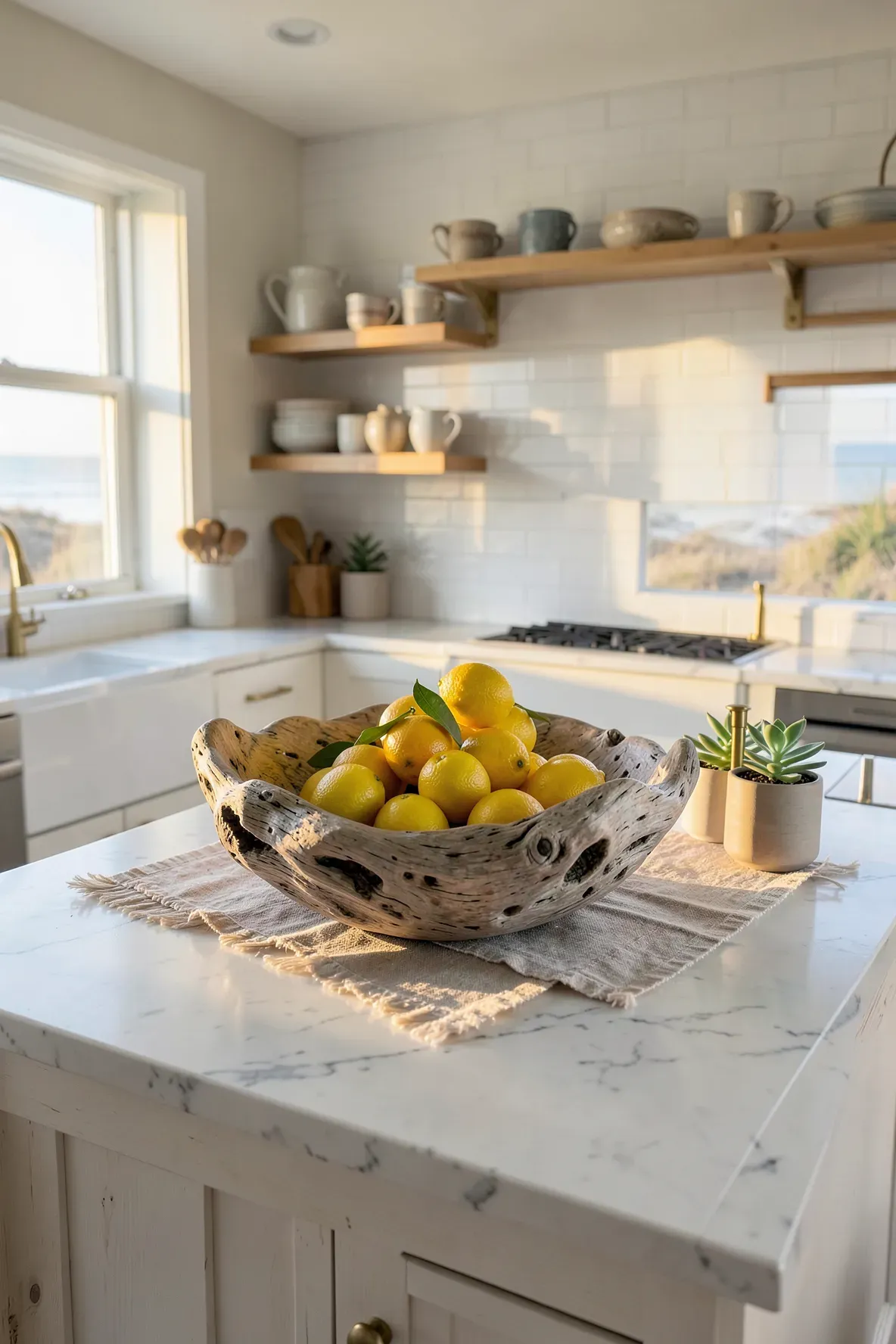 A large driftwood bowl filled with lemons on a marble island in a bright, coastal boho kitchen.