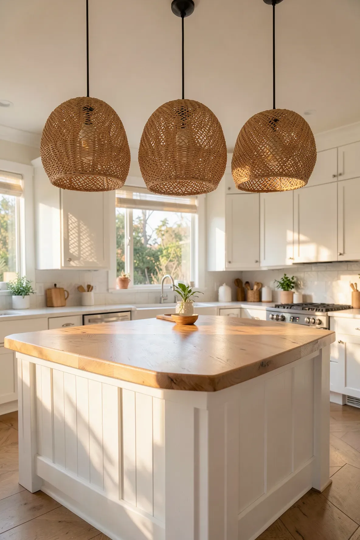 Three large rattan pendant lights hanging over a white kitchen island in a bright coastal home.
