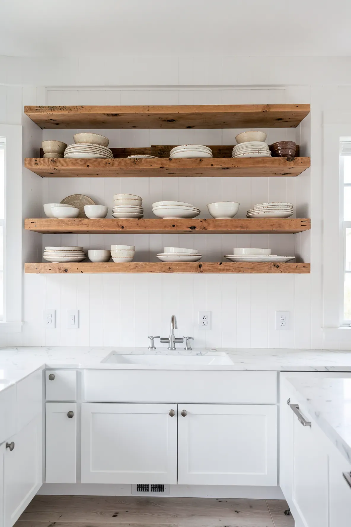 Wooden open shelves in a kitchen holding stacked cream and beige handmade ceramic bowls.