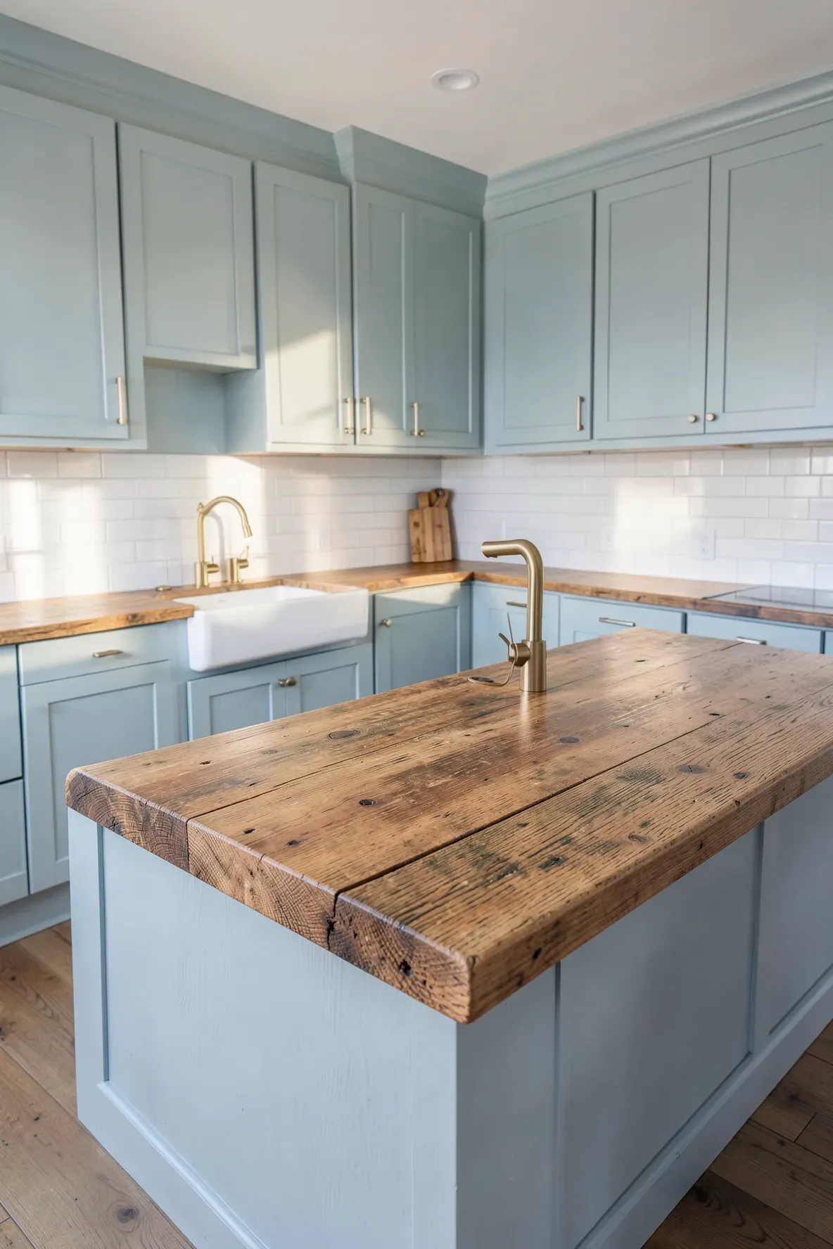 A coastal kitchen with natural distressed wood countertops and light blue cabinets.