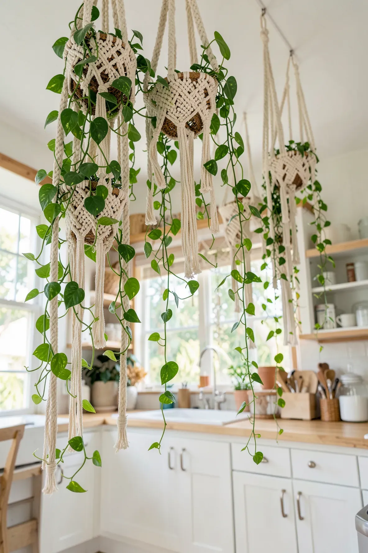 Green trailing plants in macrame hangers suspended in a bright, white coastal kitchen.