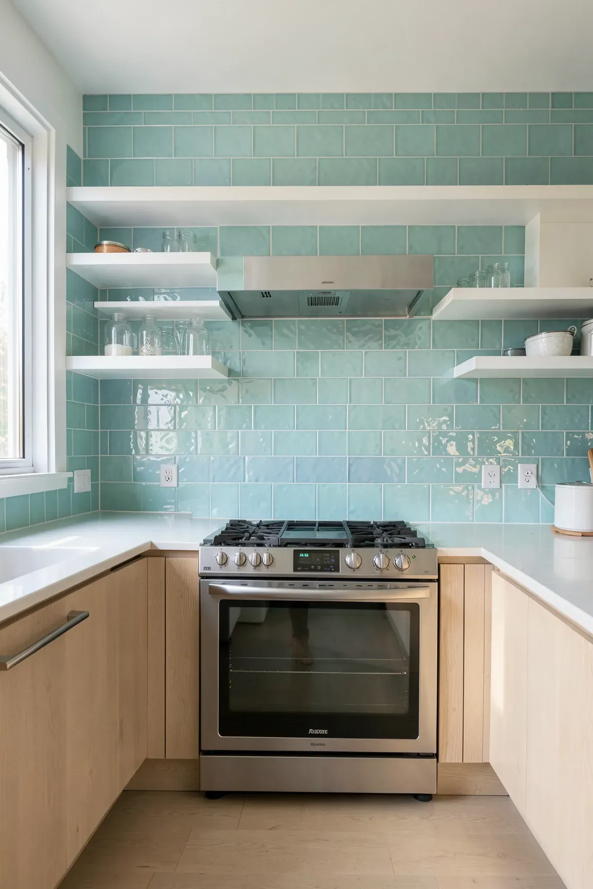 A kitchen with a shimmering muted turquoise subway tile backsplash and white cabinets.
