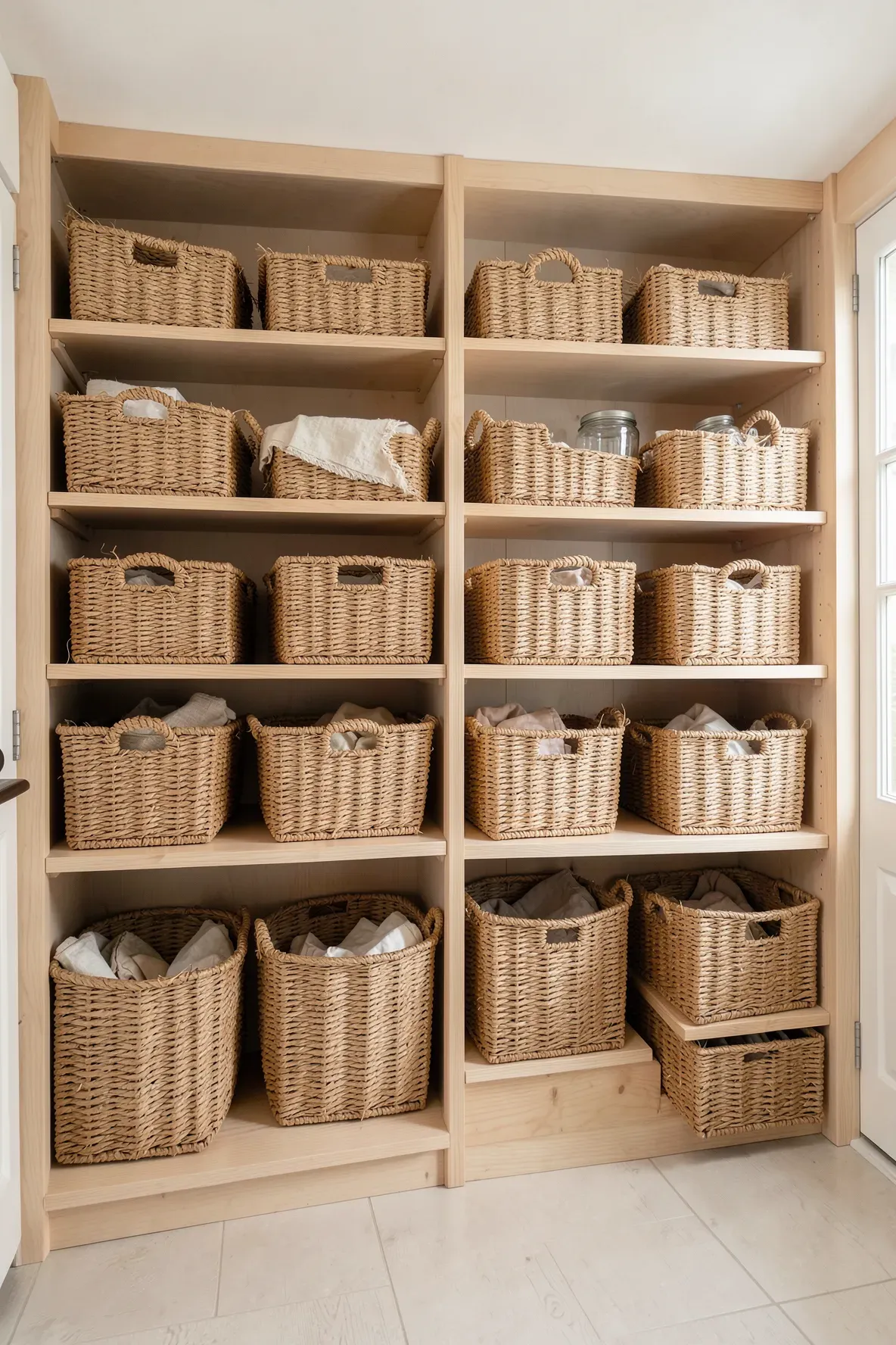 Woven seagrass baskets neatly arranged on wooden shelves in a coastal style kitchen pantry.