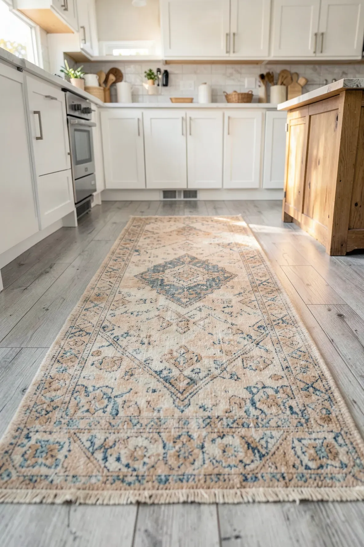 A vintage patterned runner rug in sandy and blue tones on a light wood kitchen floor.