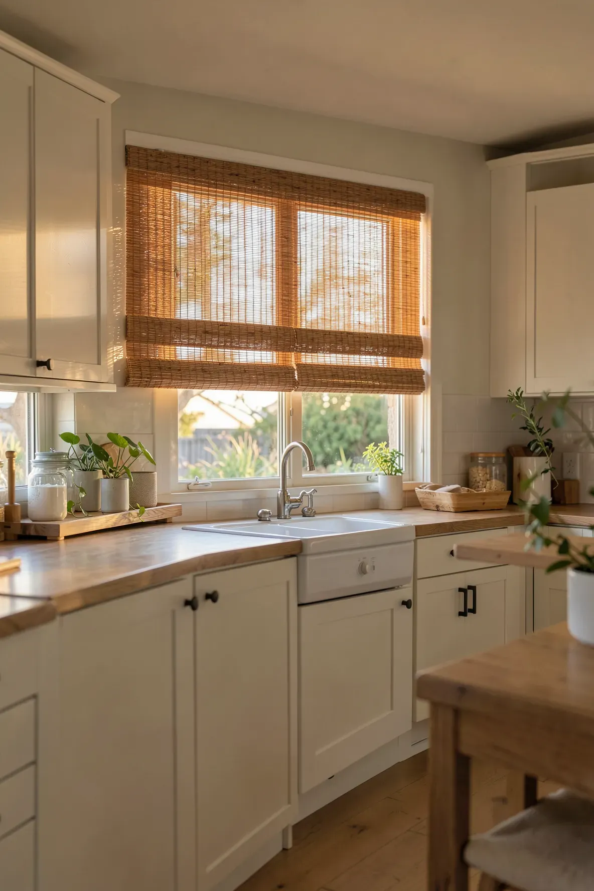 Natural bamboo woven shades on a large window in a bright coastal kitchen.