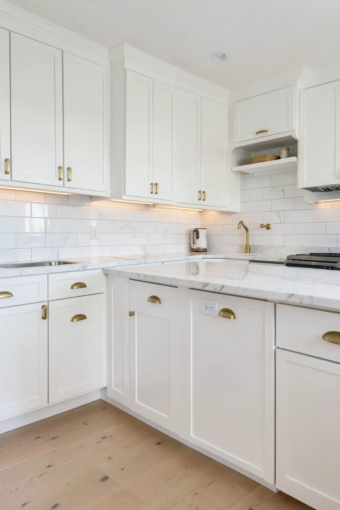 White Shaker kitchen cabinets with warm brass handles in a bright interior.