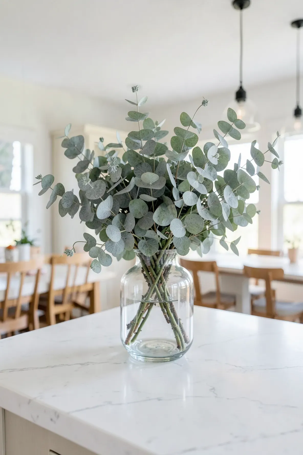Silver dollar eucalyptus stems in a glass vase on a white marble kitchen island.