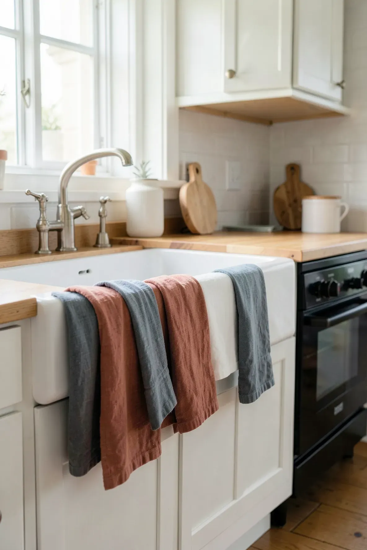 Earthy-toned linen towels draped in a bright, white coastal-style kitchen.