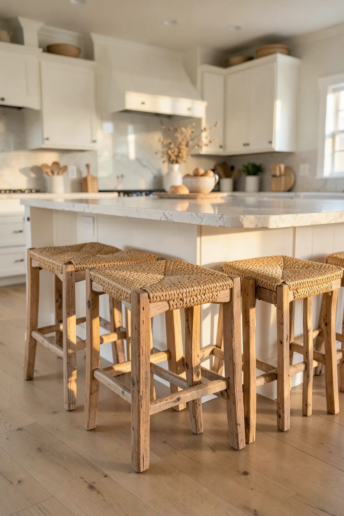 Reclaimed wood stools with woven seats at a white kitchen island.