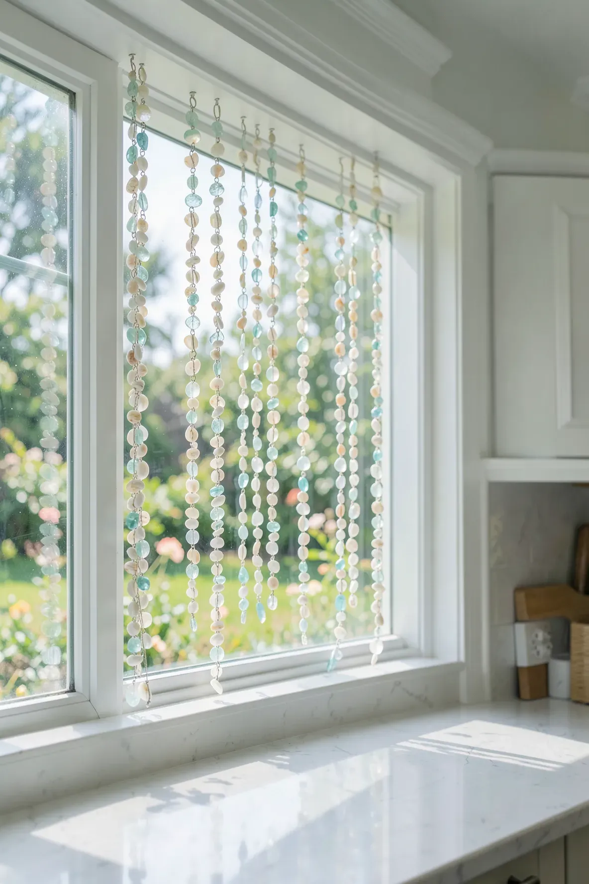 Handmade shell and sea glass garlands hanging in a bright sunlit kitchen window.