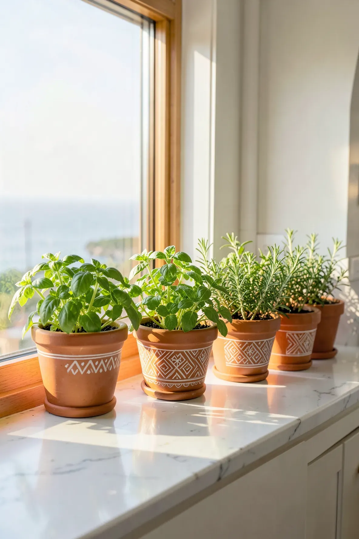 Hand-painted terracotta herb pots with white patterns on a sunlit coastal kitchen windowsill.