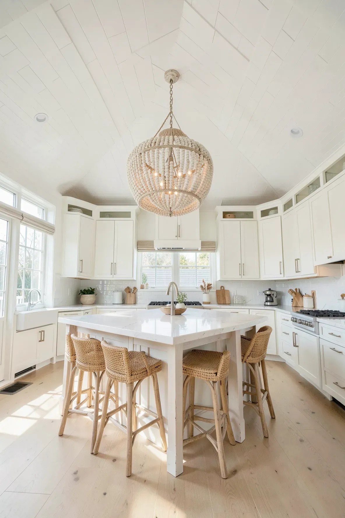 A whitewashed wood bead chandelier hanging in a bright, airy coastal boho kitchen.