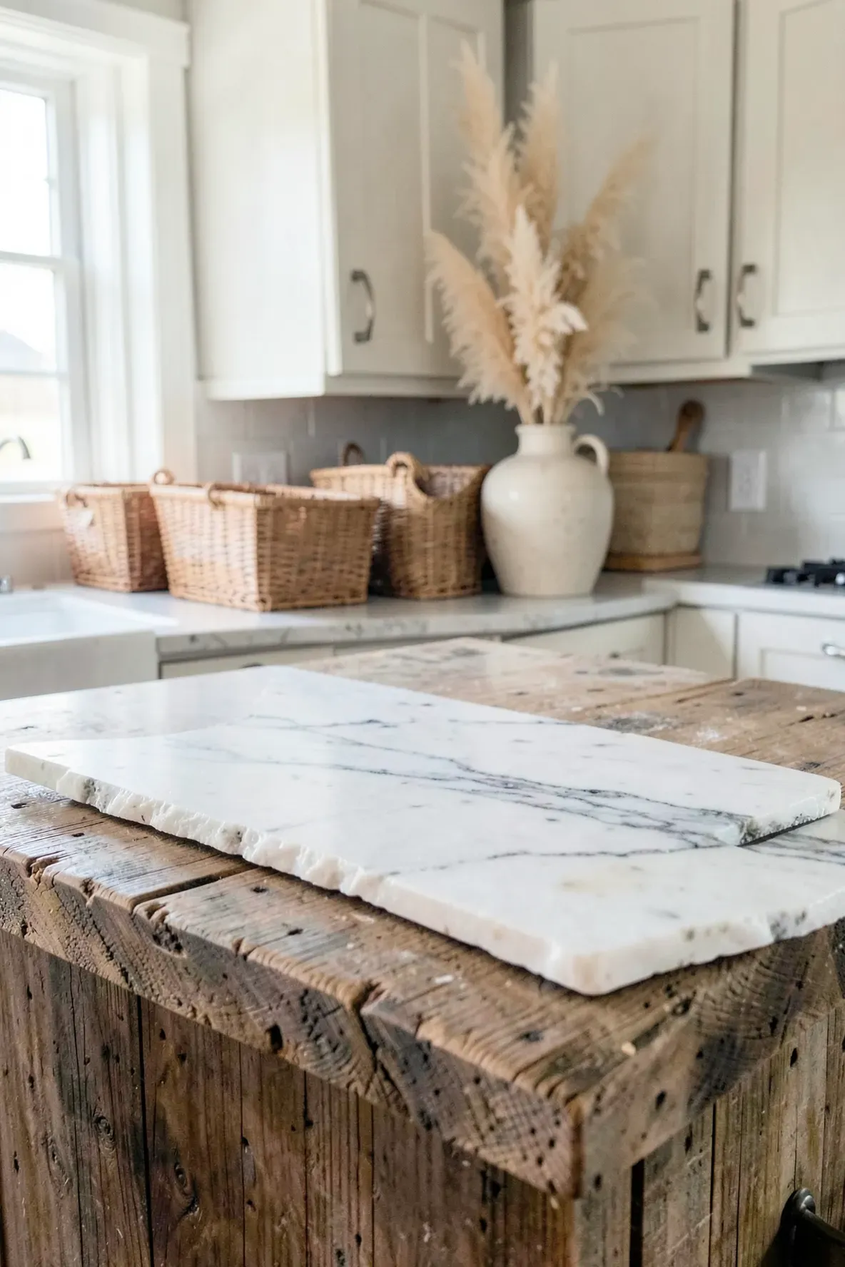 A white marble pastry board with raw edges on a wooden island in a coastal boho kitchen.