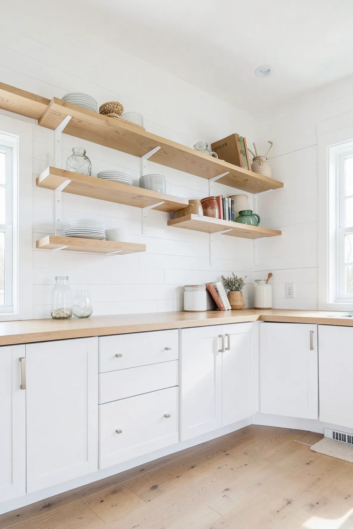 Bright coastal kitchen with light oak open shelves and white brackets on a shiplap wall.