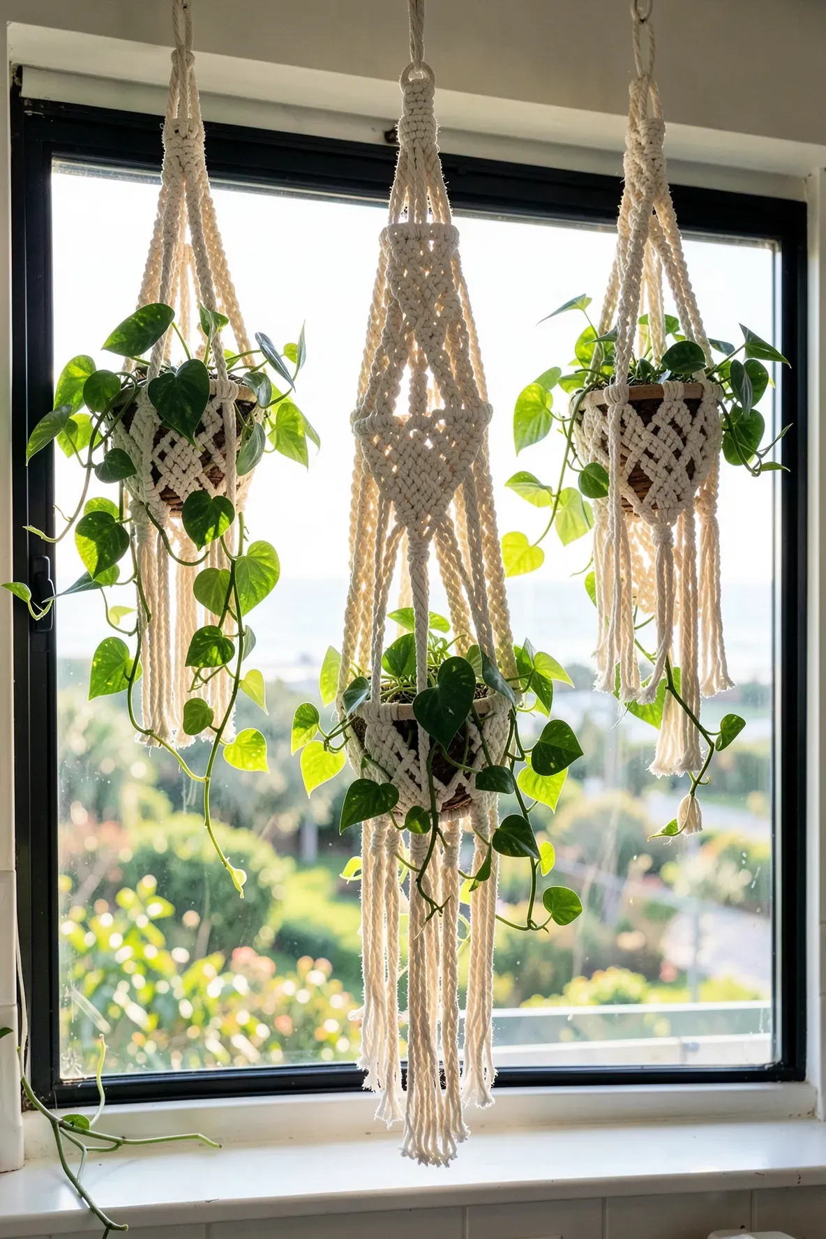 Macramé plant hangers with green trailing vines in a bright kitchen window.