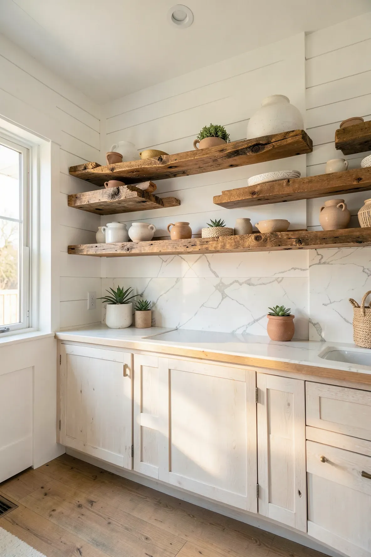 Thick reclaimed wood floating shelves holding ceramic pottery in a bright coastal kitchen.