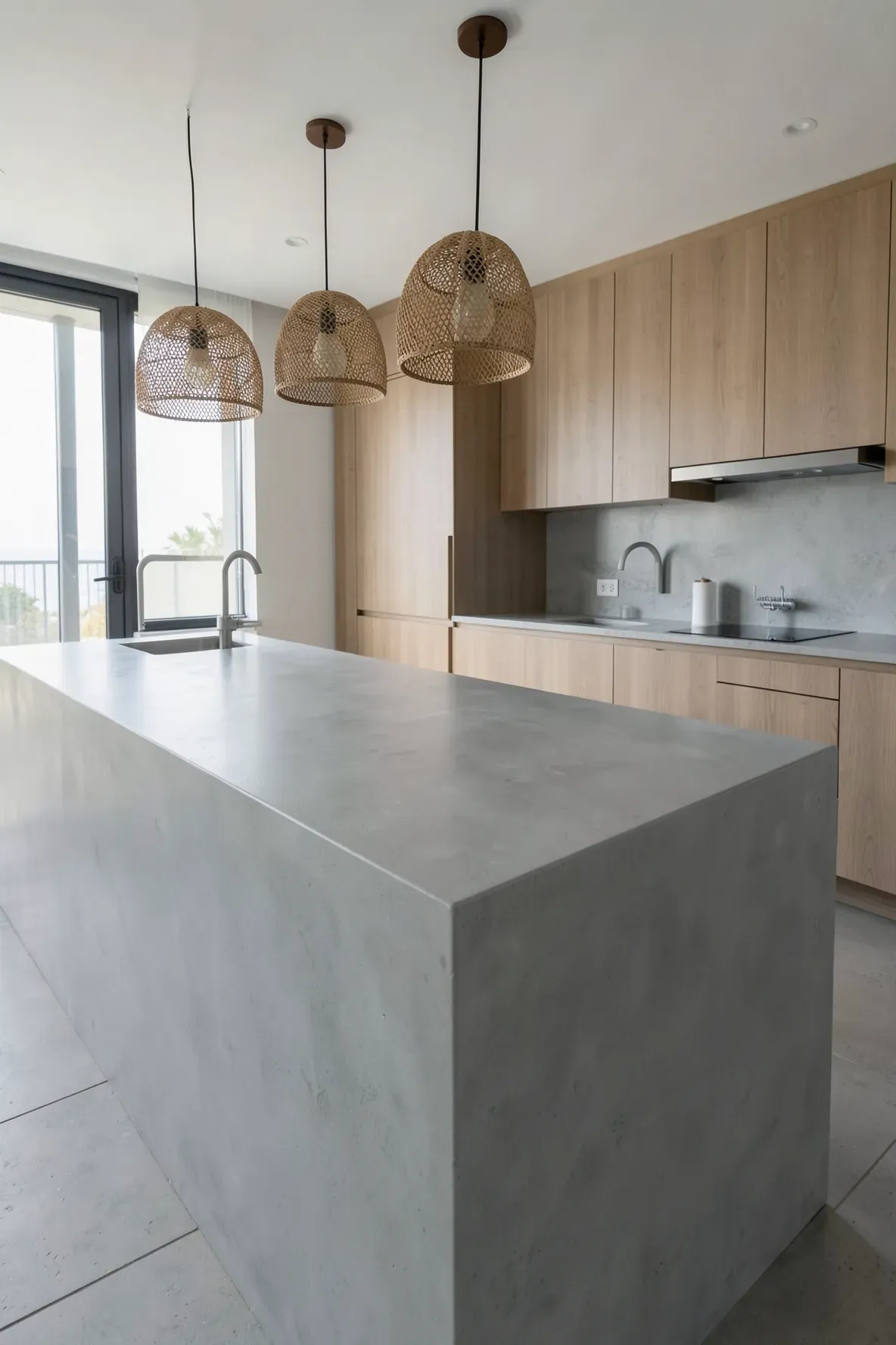Smooth matte grey concrete countertops in a modern kitchen with light wood cabinets.