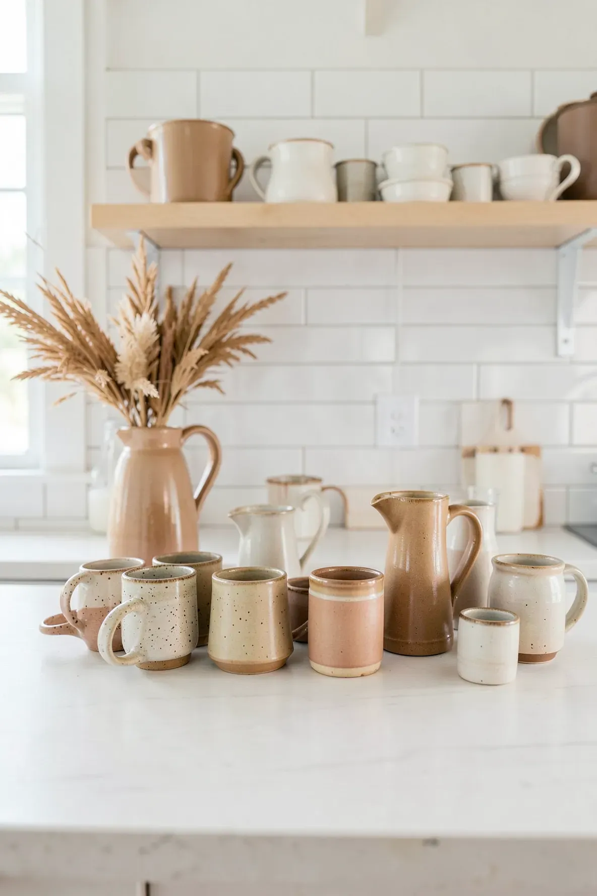 Tan and cream ceramic pitchers and mugs arranged on a shelf in a sunlit kitchen.