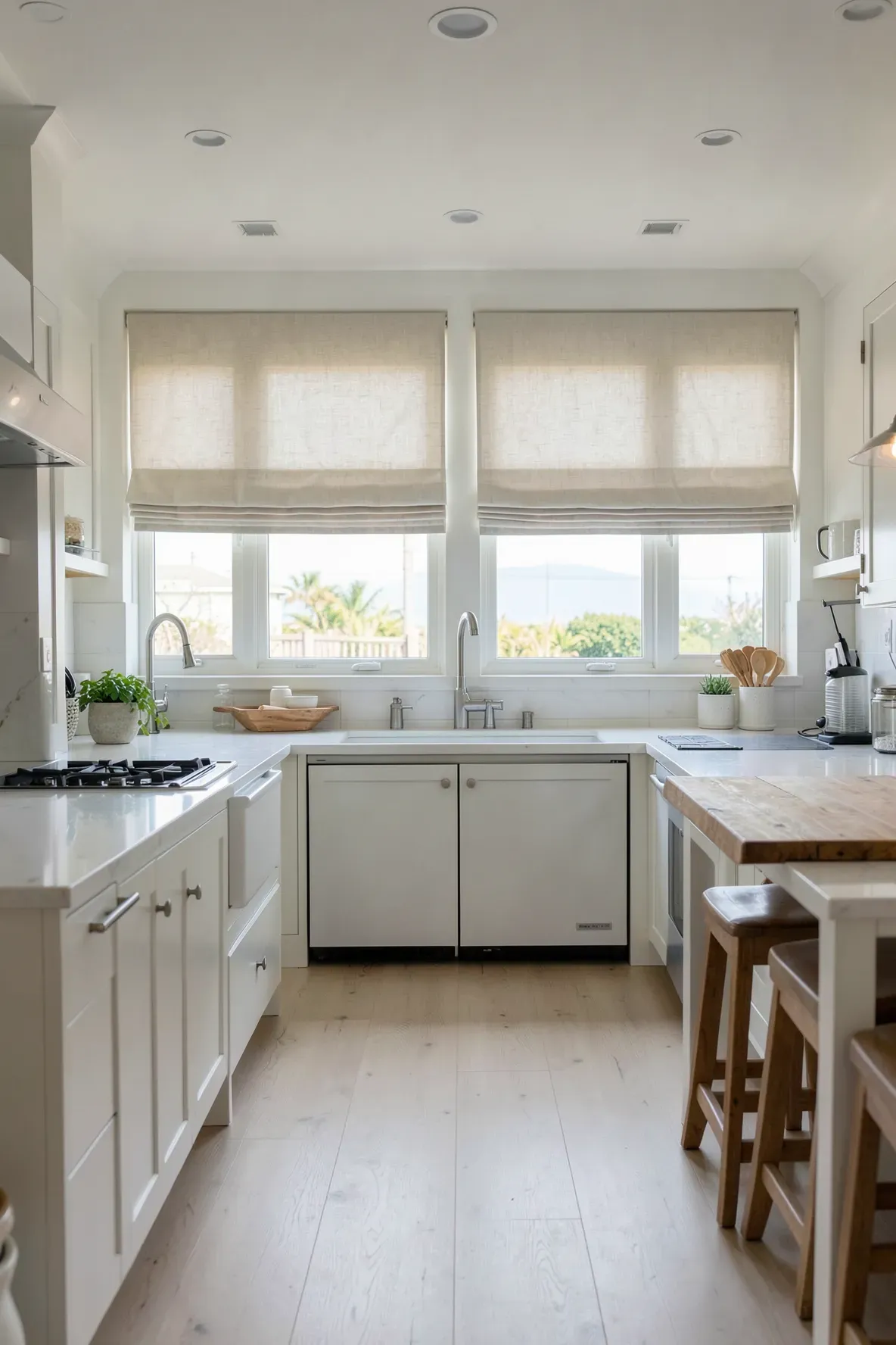 Oatmeal-colored linen roman shades on kitchen windows letting in soft natural light.