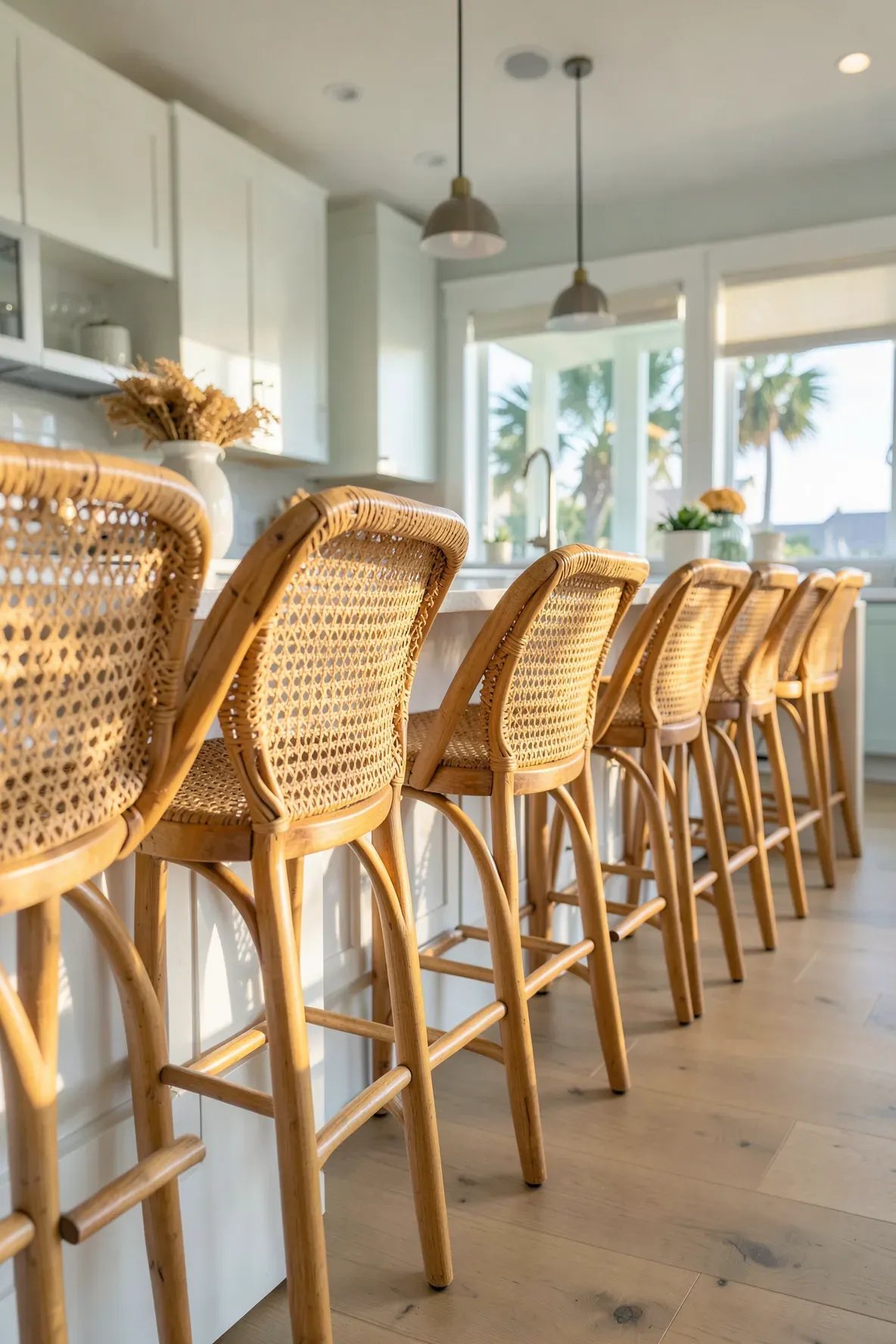 Row of bentwood bar stools with cane backrests at a white kitchen island.