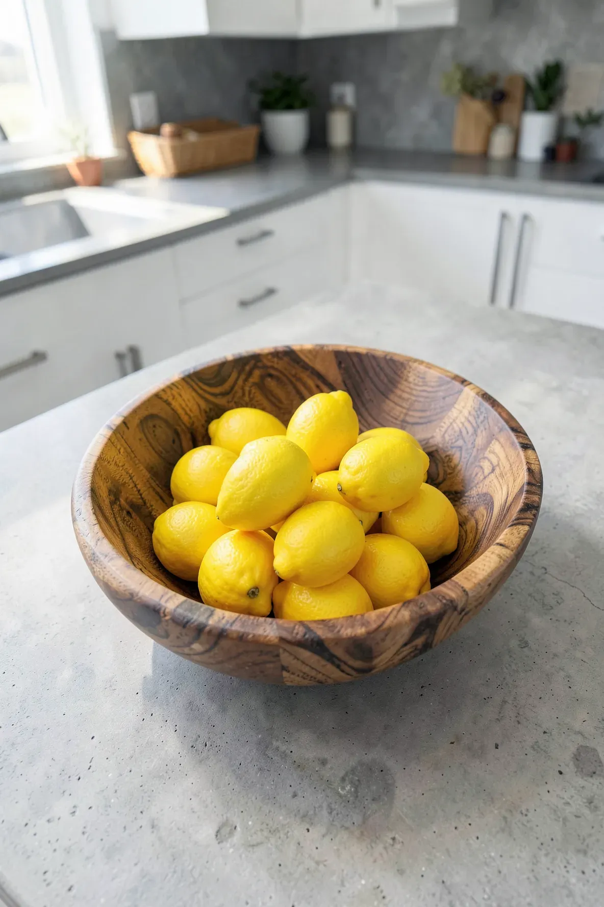 A large hand-carved wooden bowl filled with lemons on a kitchen counter.