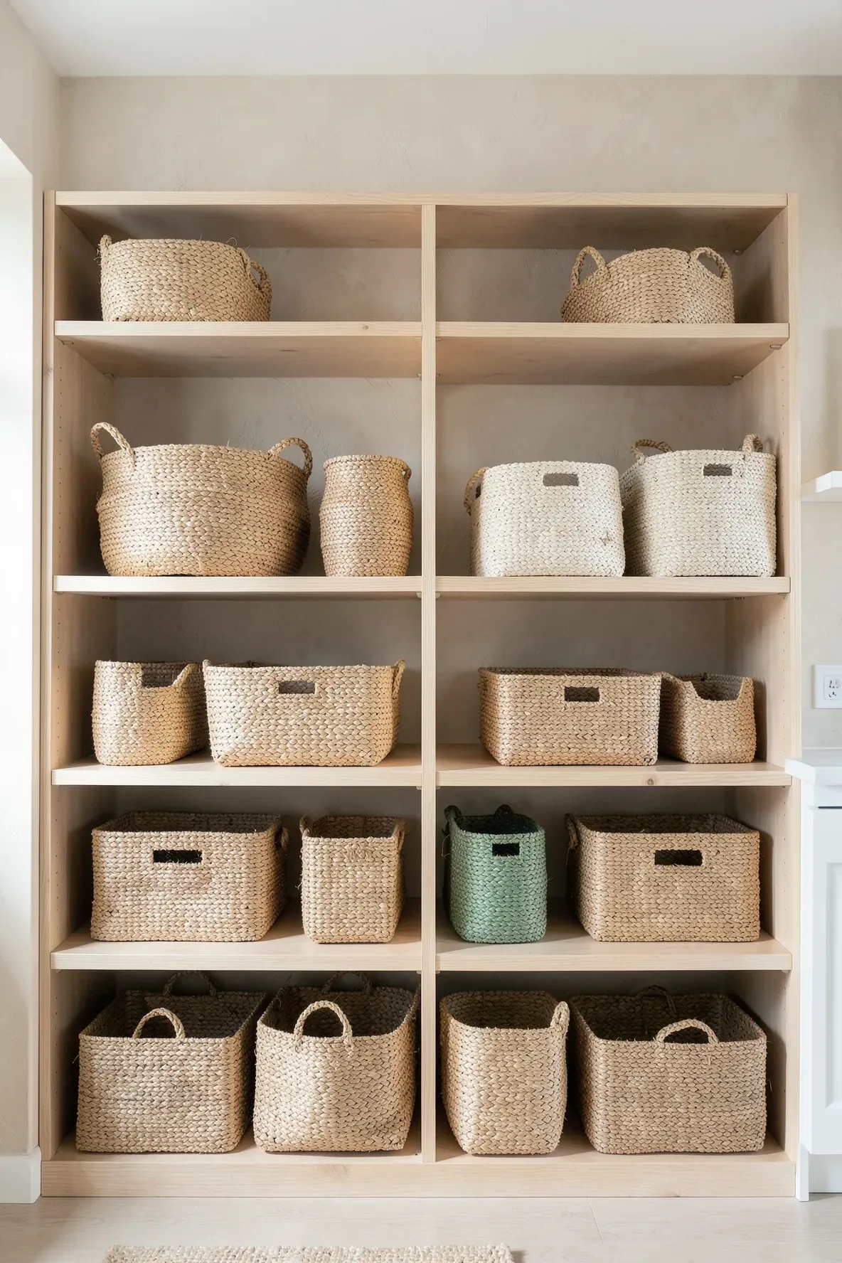 Woven seagrass baskets neatly arranged on wooden shelves in a coastal pantry.