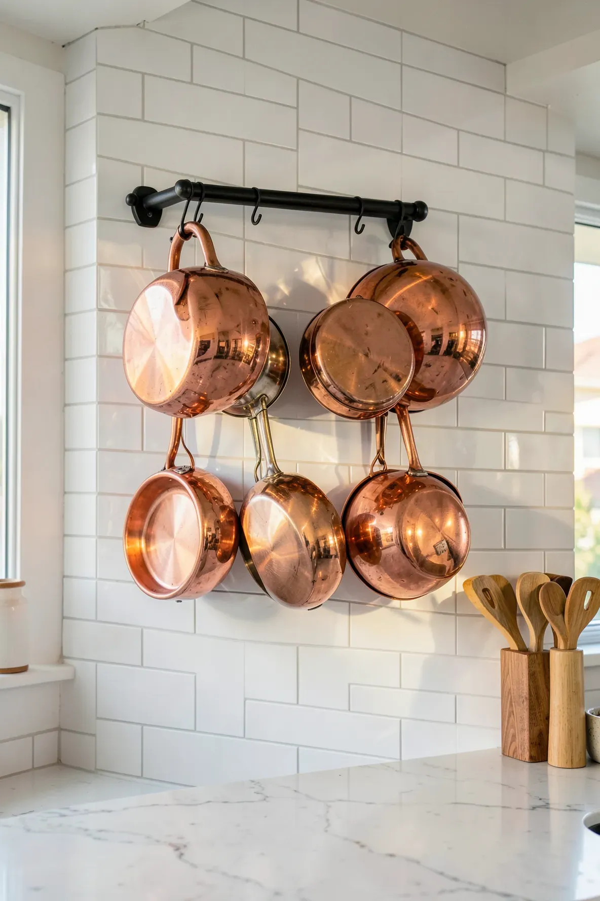 Polished copper cookware hanging on a wall rack in a bright modern kitchen.