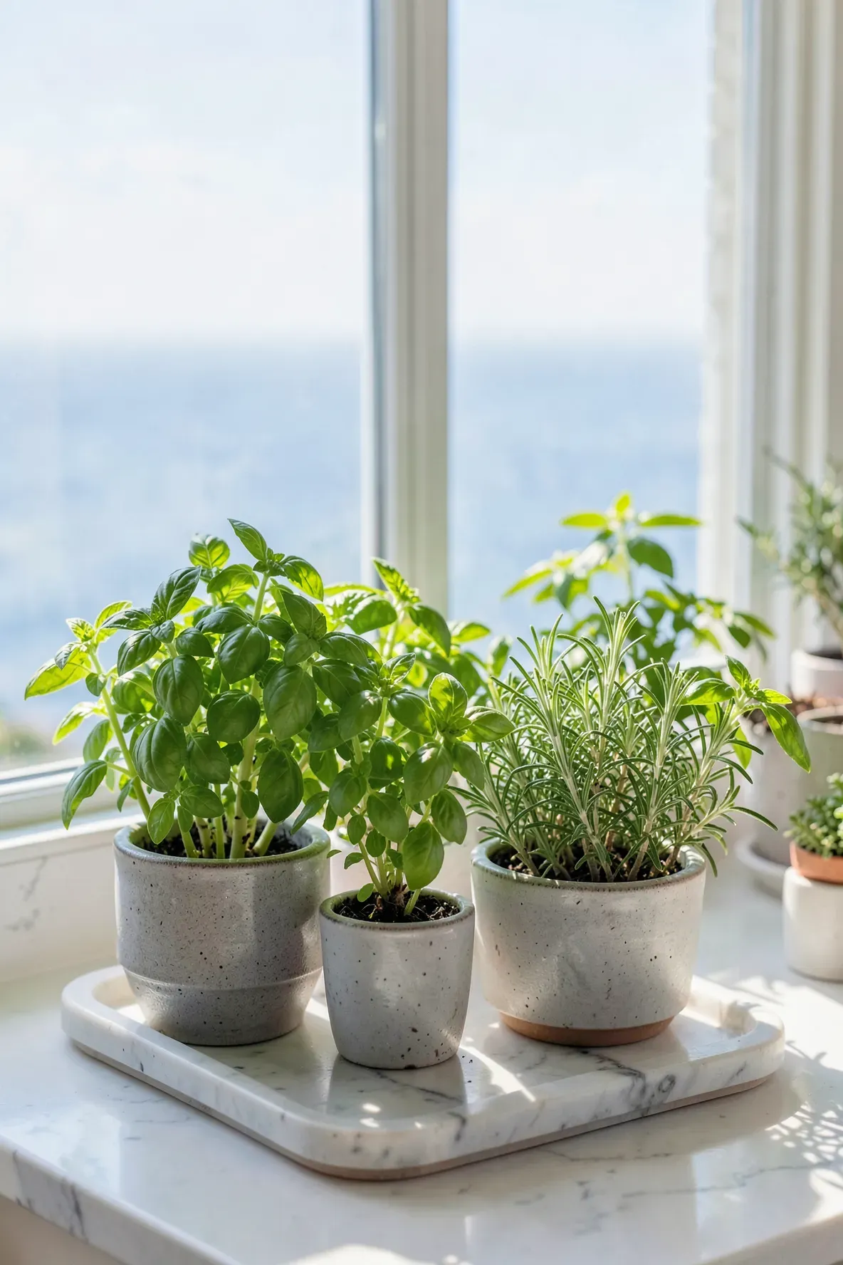 Fresh green herbs in stoneware pots on a bright coastal kitchen countertop.