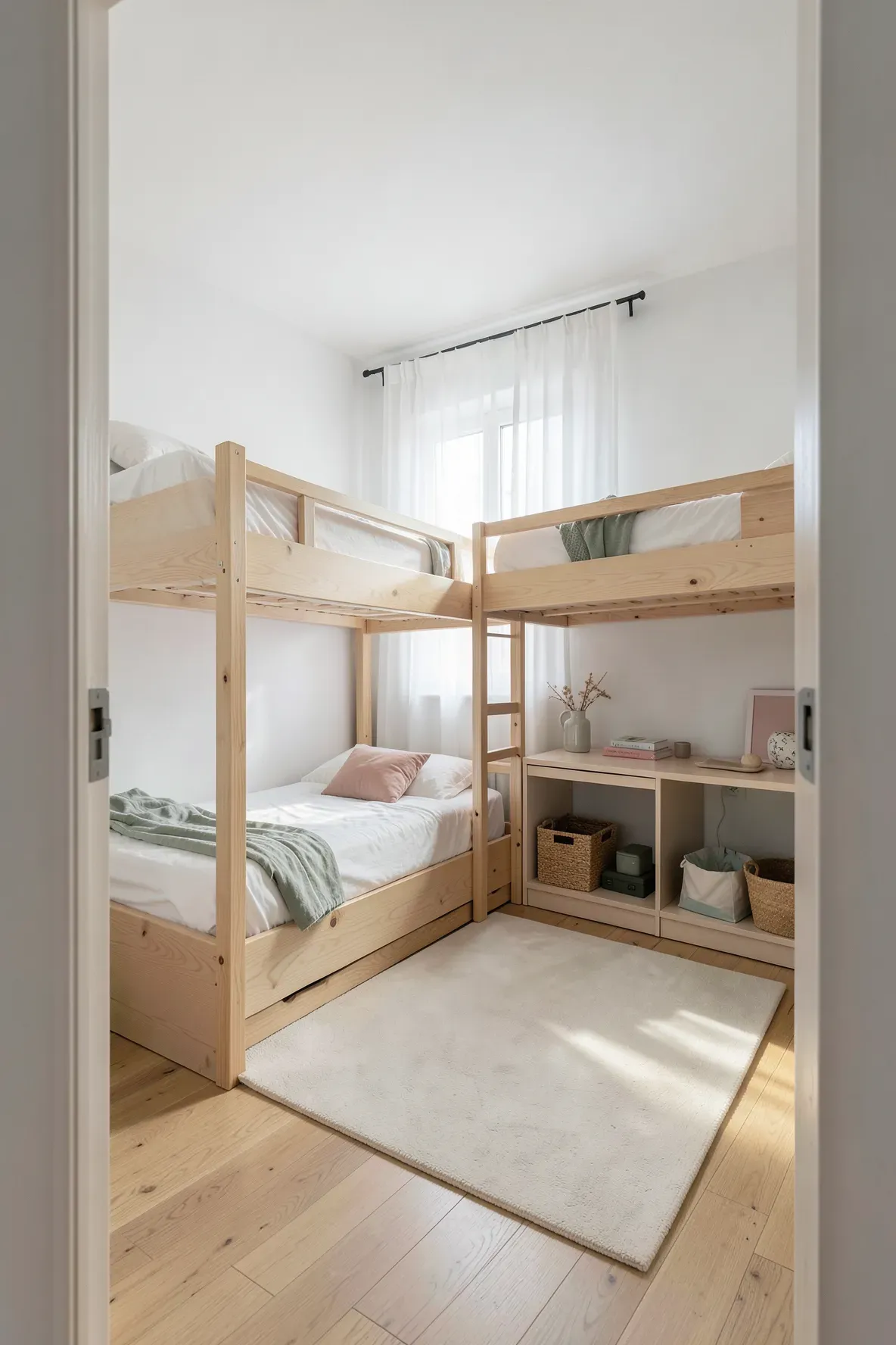 A modern L-shaped triple bunk bed in a small, bright room with light wood finishes.