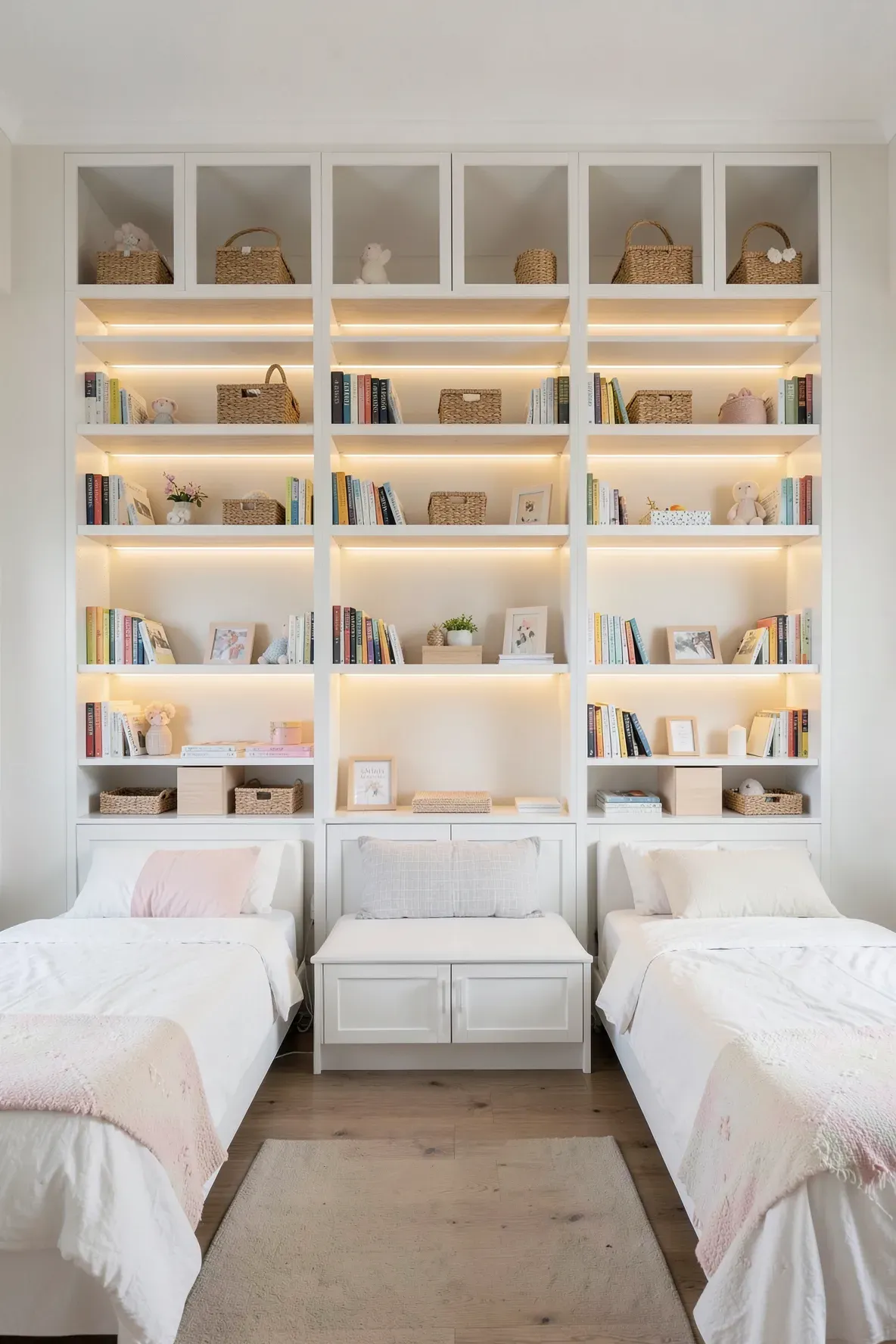 Floor-to-ceiling white built-in shelves behind beds in a shared girls' room.