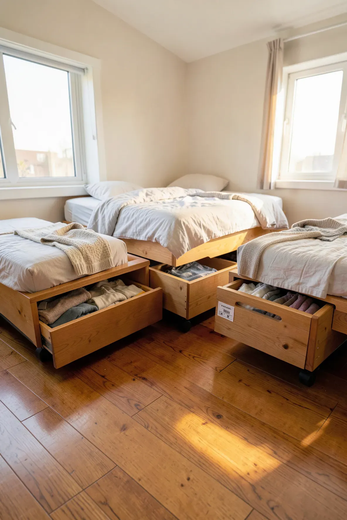 Three beds in a shared room featuring large wooden built-in storage drawers underneath.