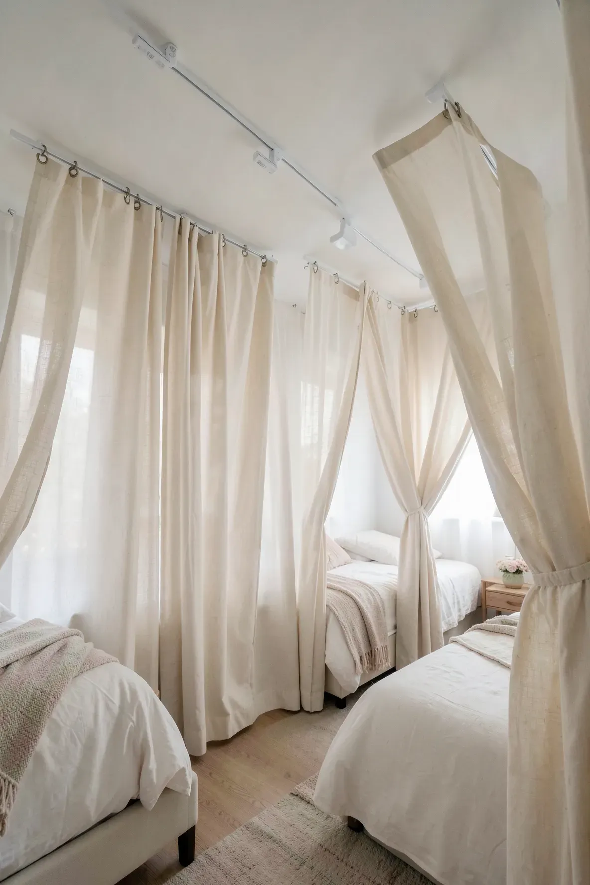 Sheer privacy curtains on ceiling tracks surrounding individual beds in a shared room.