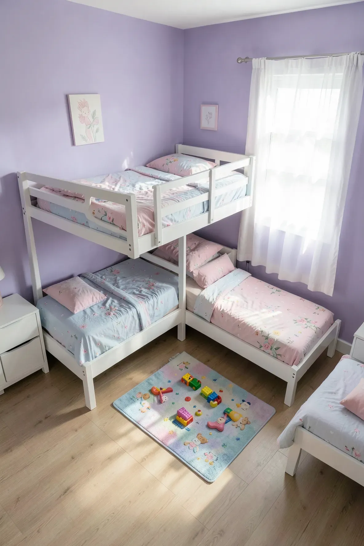 A white corner loft bed with two twin beds tucked underneath in a tidy purple bedroom.