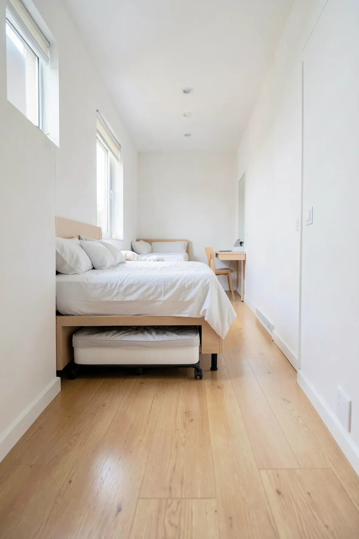 A white bed with a trundle bed sliding out onto a light wood floor in a narrow room.