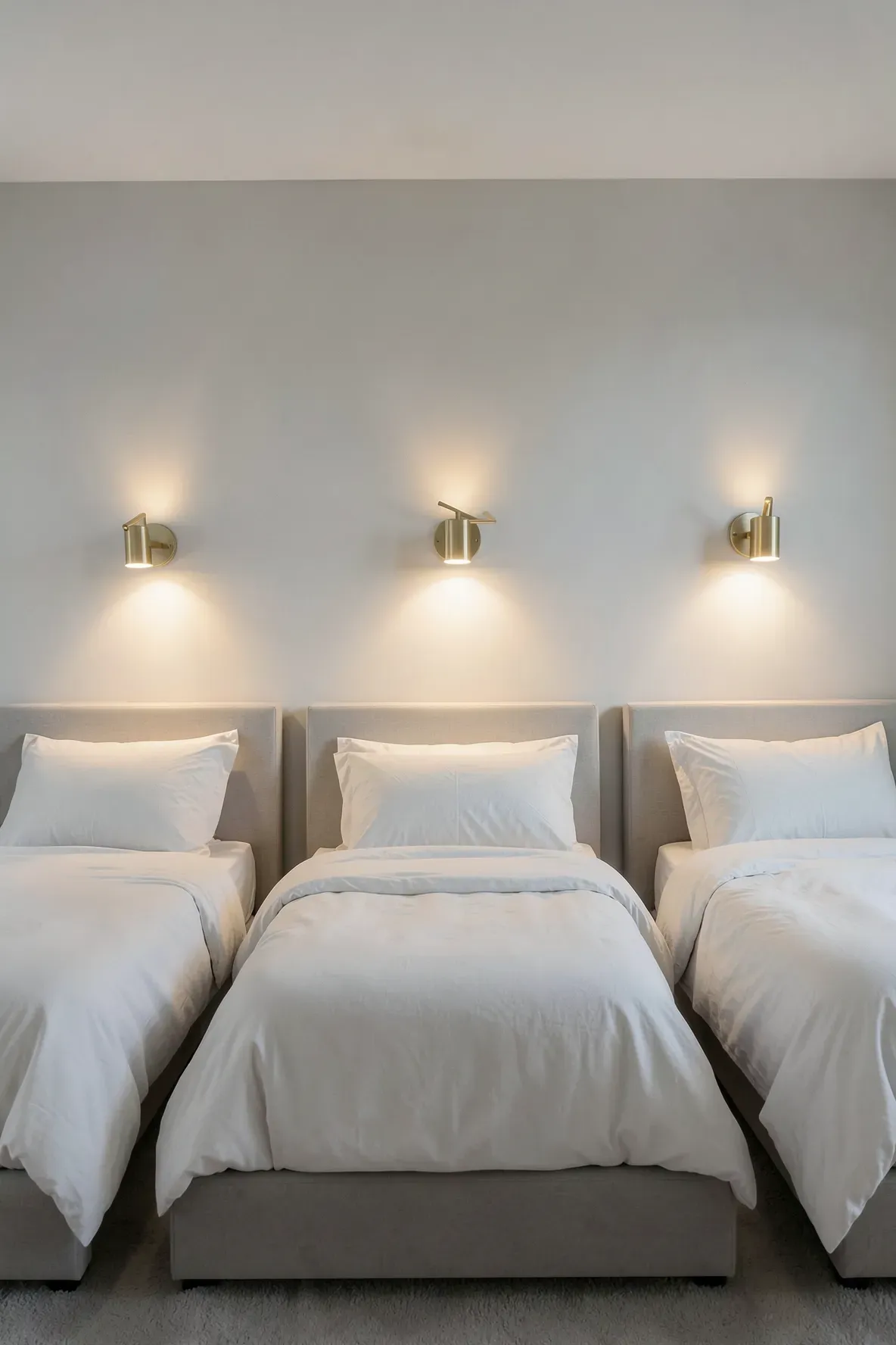 Three gold wall-mounted reading lights positioned above three beds in a tidy room.