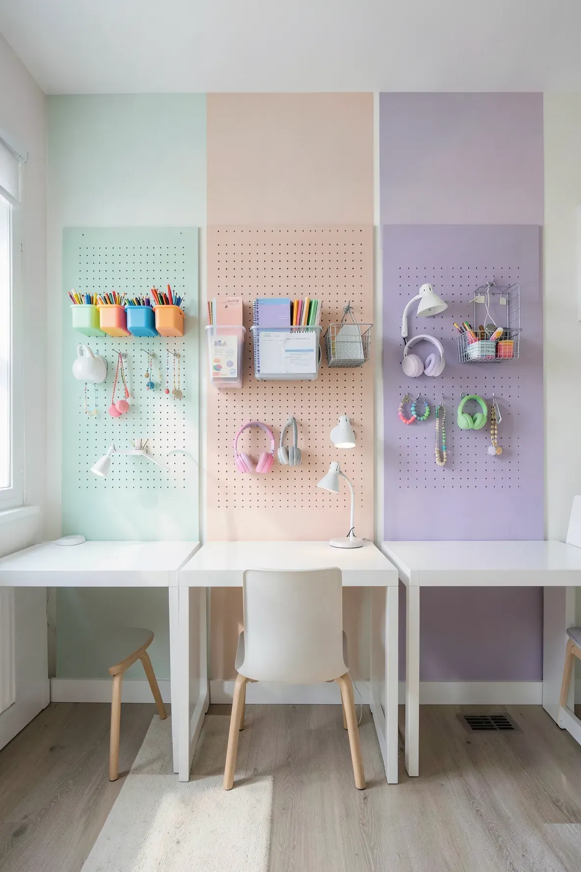 Three color-coded pegboards with school and craft supplies over desks in a shared girls' room.