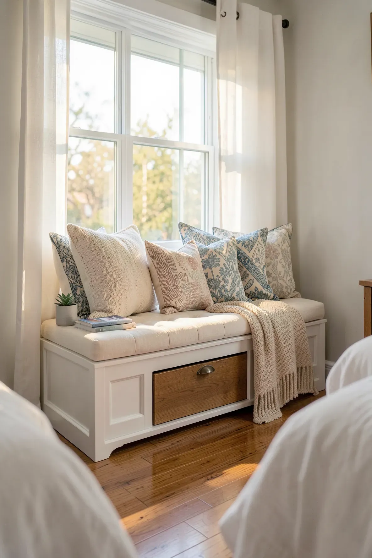 A white built-in window seat with a storage chest and colorful pillows in a sunny shared bedroom.