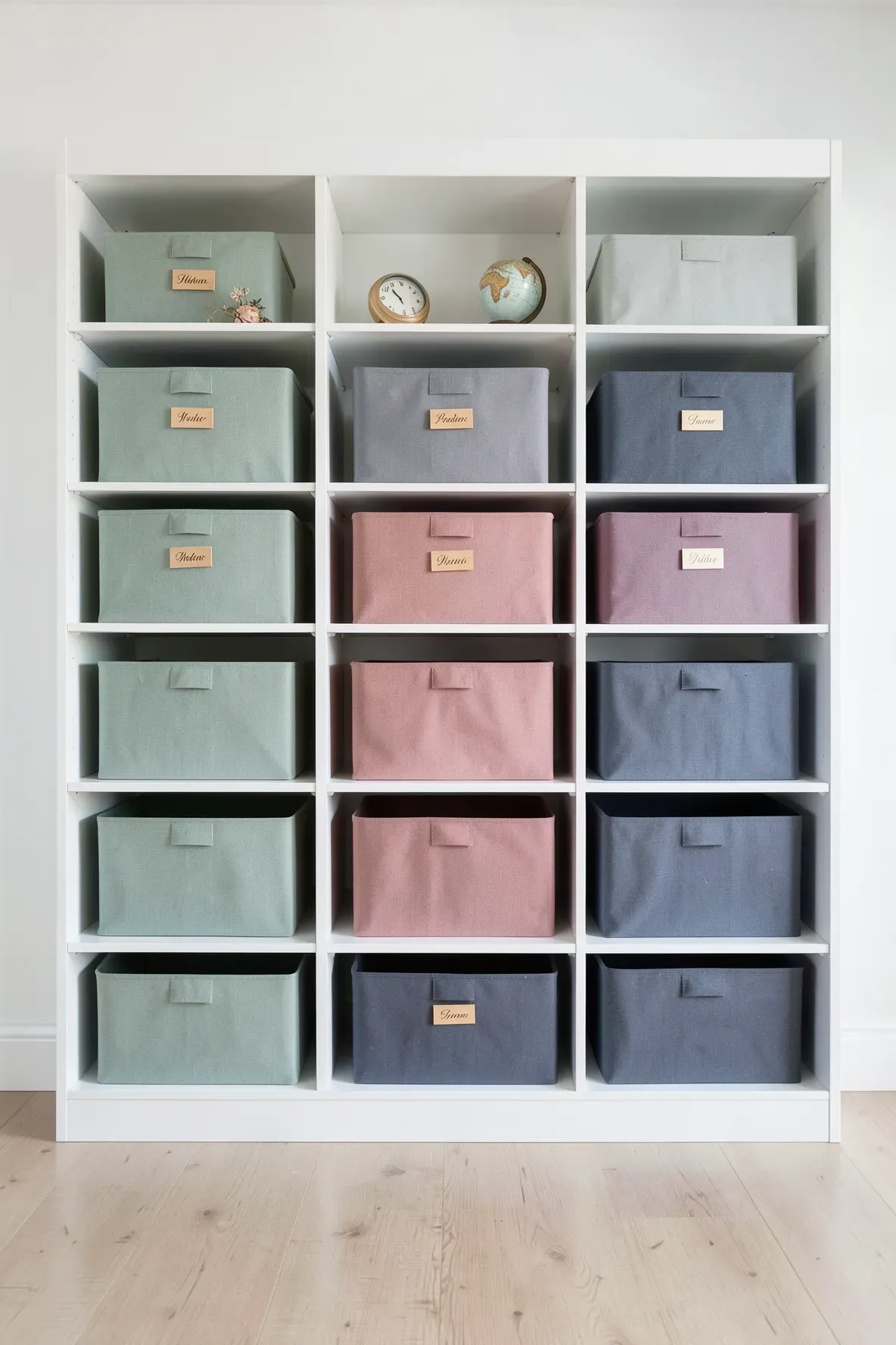 A white shelving unit with color-coded and labeled fabric bins for three sisters' storage.