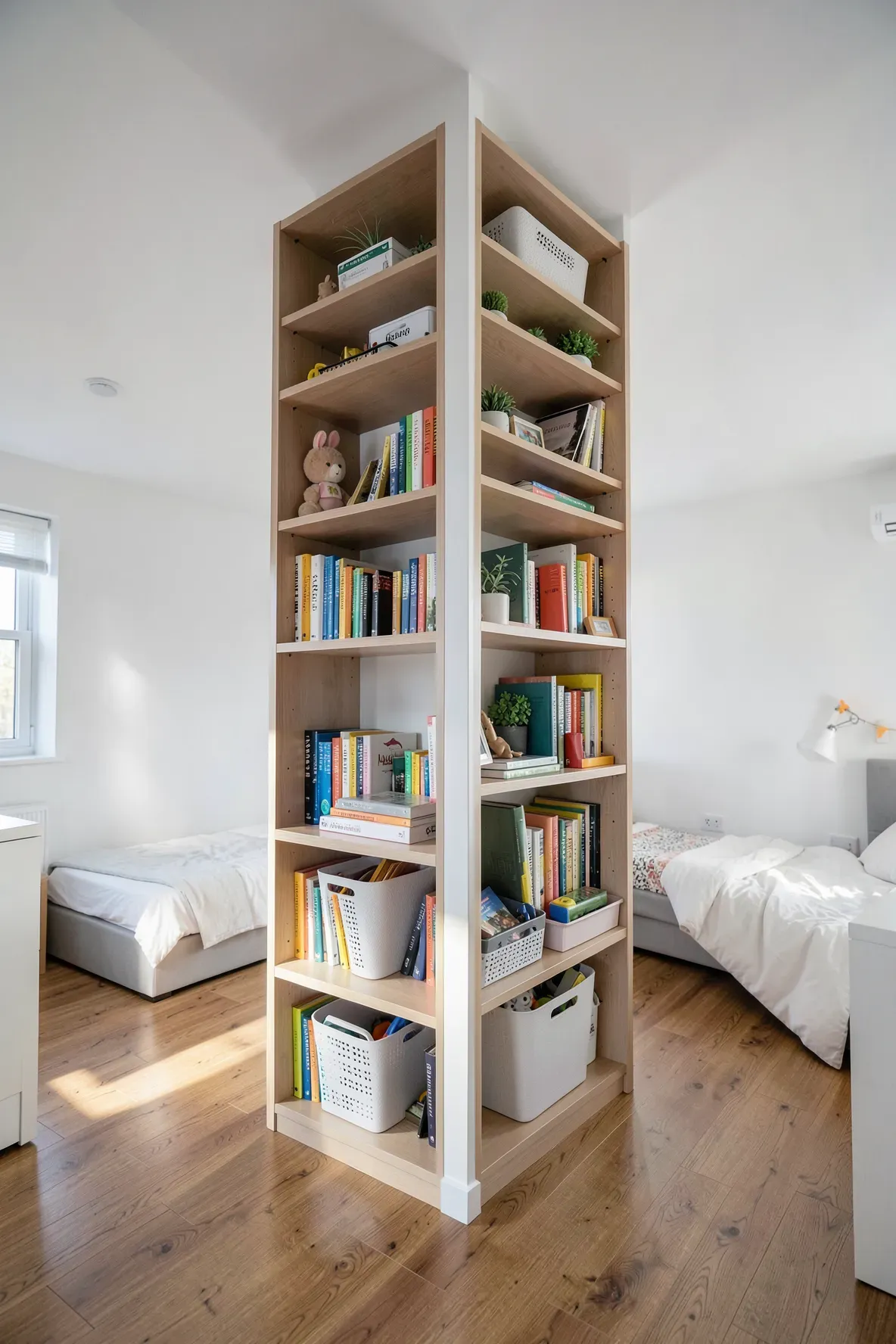 A tall white bookshelf used as a room divider between two sleeping areas in a shared bedroom.