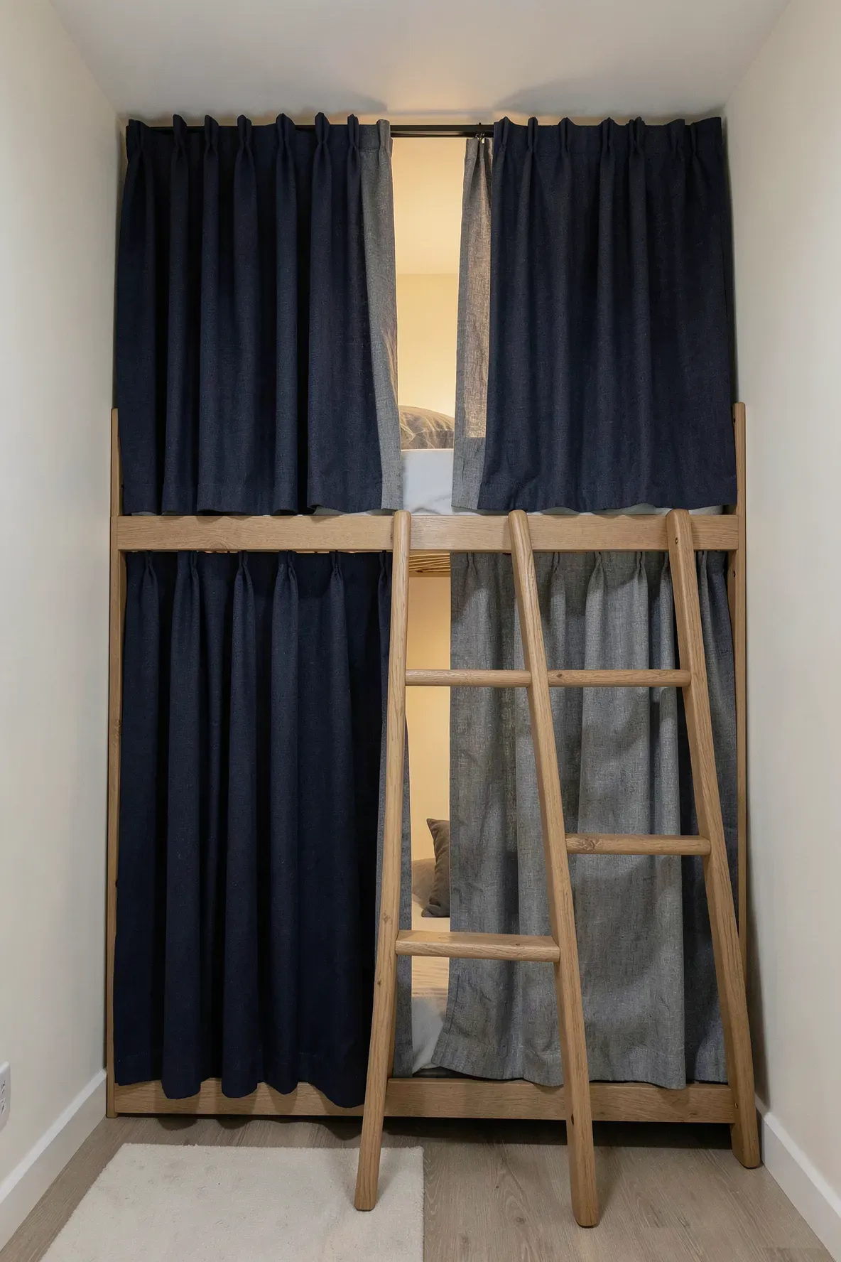 Wooden bunk beds with navy and grey privacy curtains drawn for individual space in a shared room.