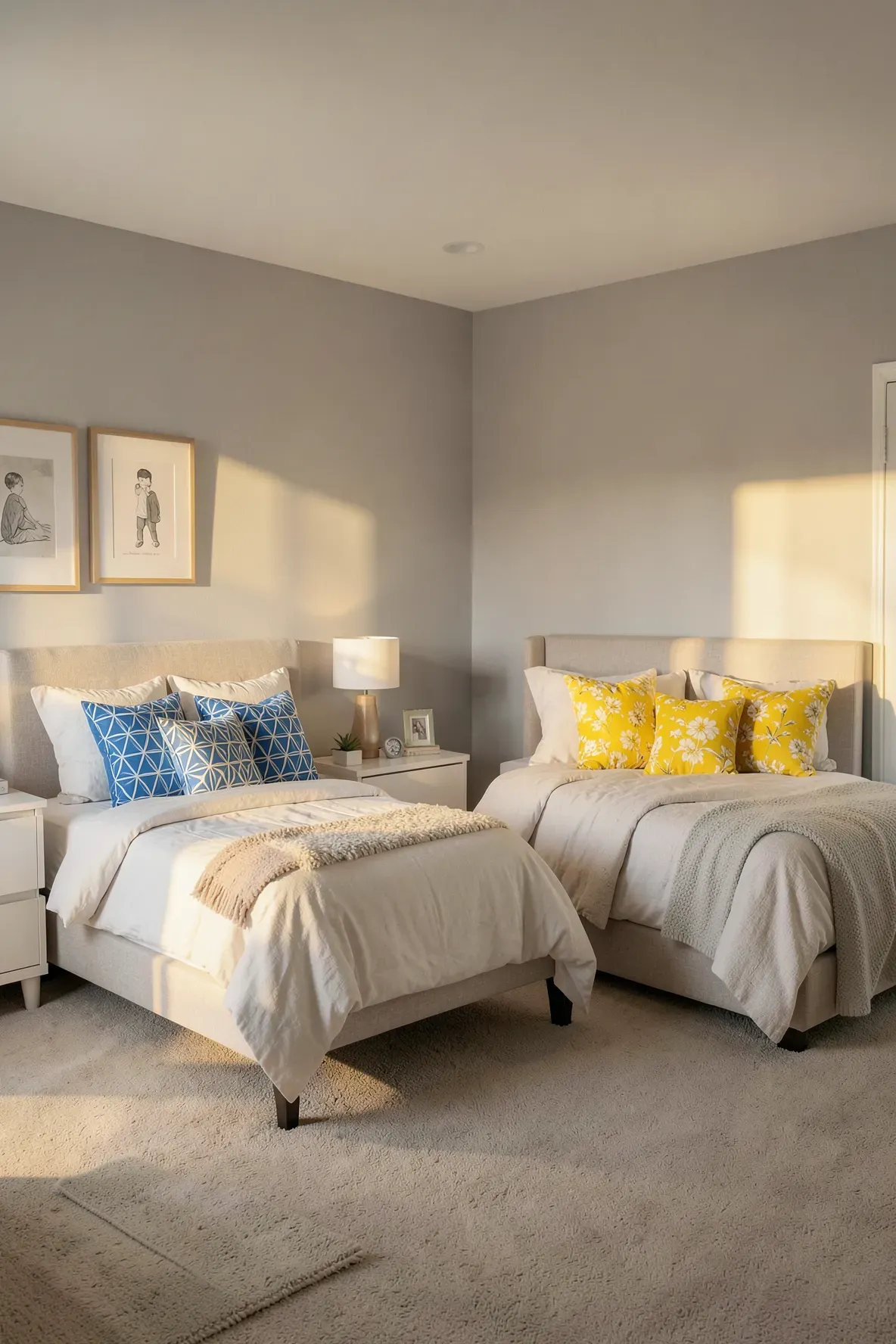 A neutral gray and beige bedroom with blue and yellow accent pillows on separate beds.