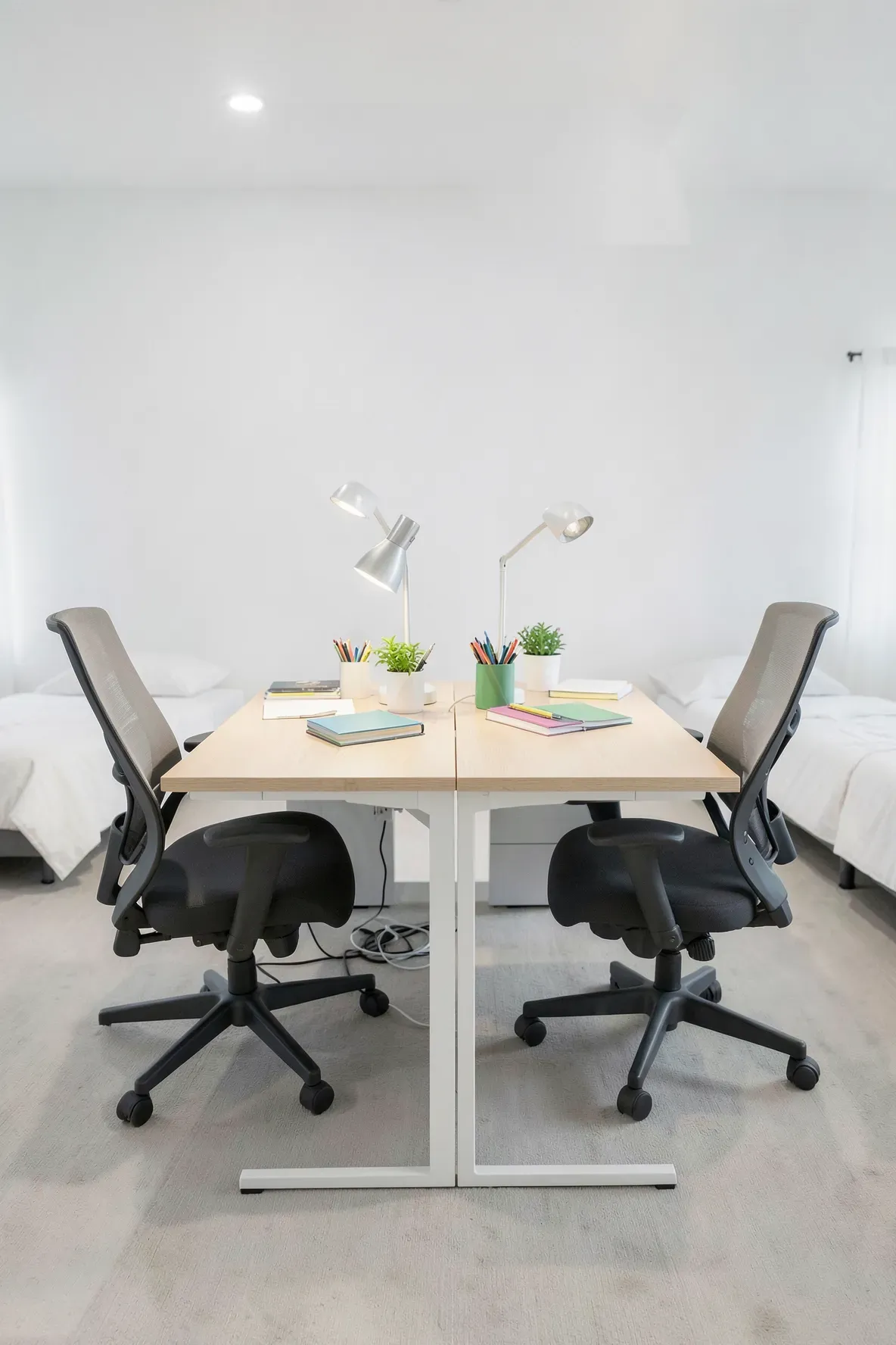 Two white desks placed back-to-back in the center of a shared bedroom for a brother and sister.