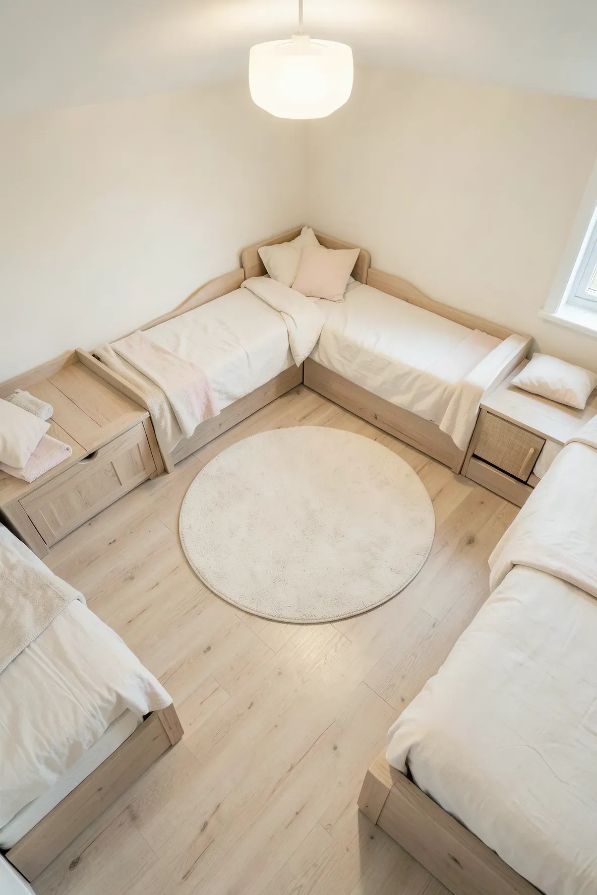 Two beds arranged in an L-shape in the corner of a room to create more floor space.