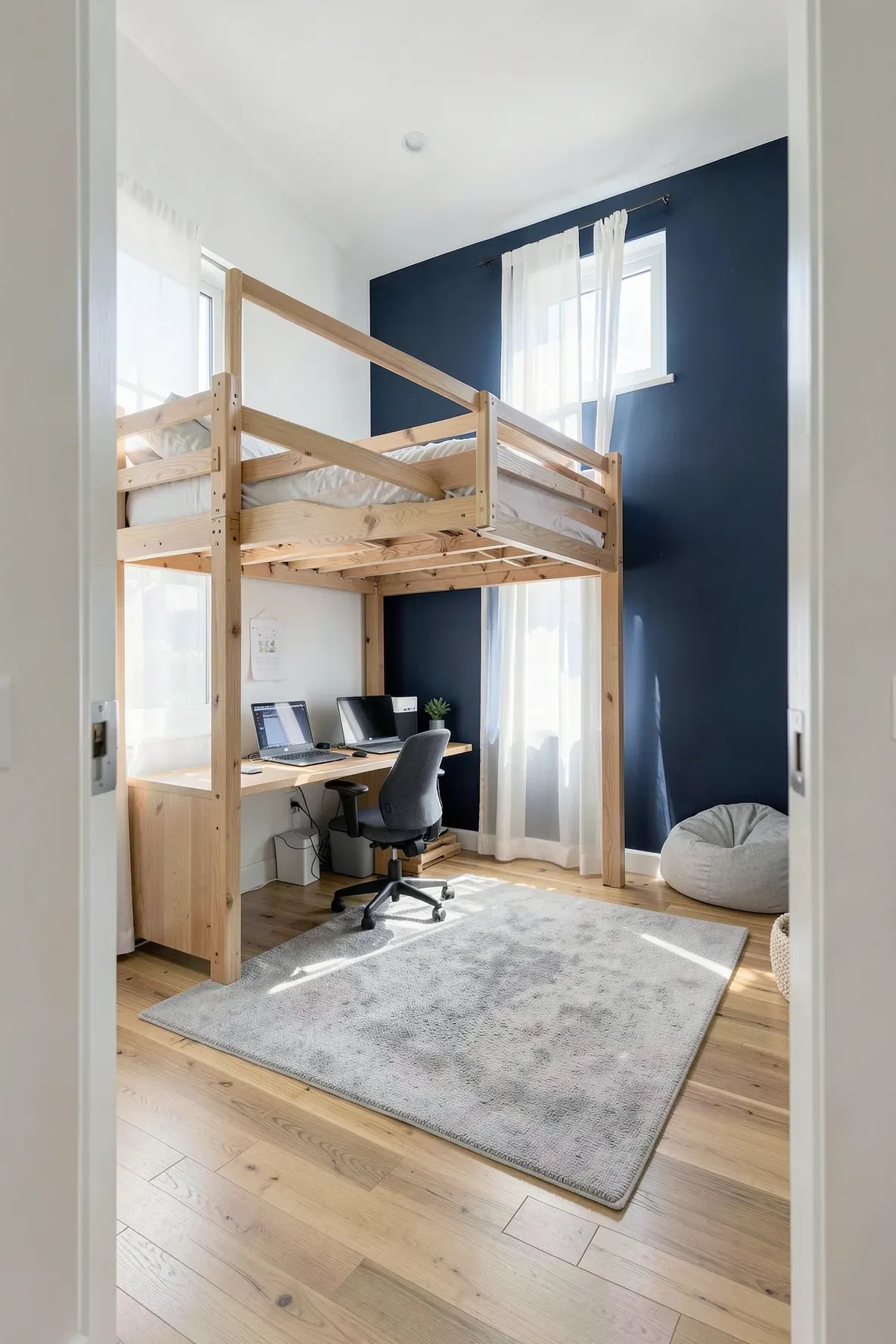 A modern shared bedroom featuring a wooden loft bed with a built-in desk and study area underneath.